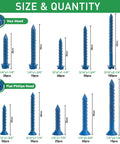 Size and quantity chart of 260Pcs Concrete Screws With Drill Bit DIY Friendly Assortment Kit for various sizes.