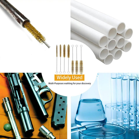 Brass Wire Tube Brush Set 6mm Diameter Flexible Cleaner for narrow tubes and pipes with various applications shown.