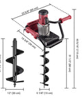 Electric Post Hole Digger Kit With 6 Inch And 12 Inch Auger Bits 1500W Powerhead Heavy Duty Digging Tool dimensions shown