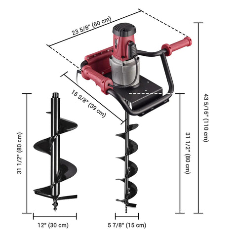 Electric Post Hole Digger Kit With 6 Inch And 12 Inch Auger Bits 1500W Powerhead Heavy Duty Digging Tool dimensions shown
