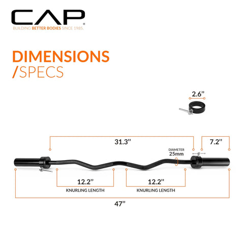 47 Inch Olympic EZ Curl Bar From Classic Series Black With Angled Ergonomic Design dimensions and specs illustration