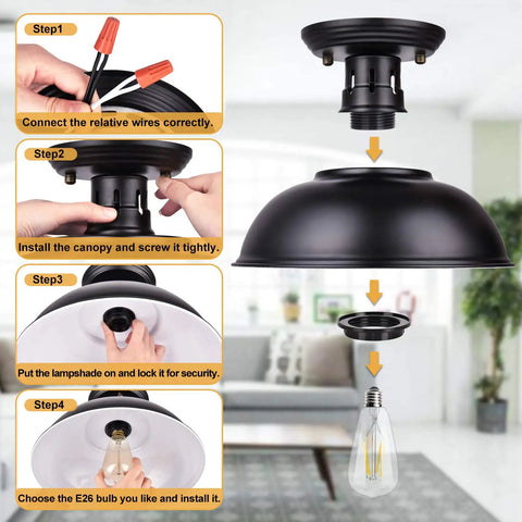 Installation steps for Farmhouse Black Semi Flush Mount Ceiling Light Fixture 2 Pack Industrial Style Indoor Lighting with matte black finish.