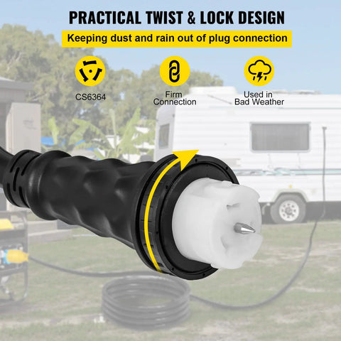 Road Ready 30 Foot 50 Amp Generator Extension Cord With Twist Lock Connectors Pure Copper Power Cable  twist lock design ensuring secure connection.