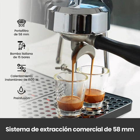 Kickstart Your Day With This Solid Gear Semi Automatic Espresso Maker Featuring A Dope Milk Frother Steam Wand And Spacious 57 Oz Tank For Smooth Daily Lattes And Cappuccinos, espresso shots pouring from 58mm portafilter.