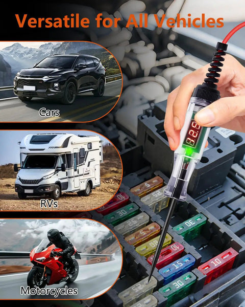 3-48V Automotive Test Light With Digital LED Voltage Tester Polarity Indicator 87 Inch Spring Cable And Stainless Steel Probe For Car RV Truck Fuse Battery Detection Easy Plug and Play Electrical Diagnostics, testing fuses