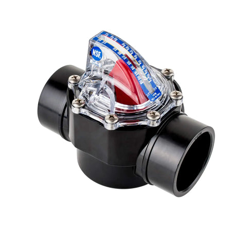 FlowVis FV-C Pool Flow Meter And Check Valve Inline 2 By 2.5 Inch Reads GPM Or Optional LPM with clear dial and black fittings