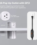 Hassle Free Slick Pop Up Outlet With Wireless Charging Pad And Fast 65W Usb Port 4 Point 7 Inch 20 Amp GfcI Countertop Mount shown with dimensions.
