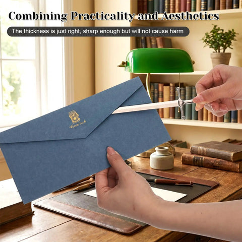 Person using Sword Letter Opener With Ergonomic Handle And Precision Blade, Envelope Slitter For Fast Mail Opening, in office setting