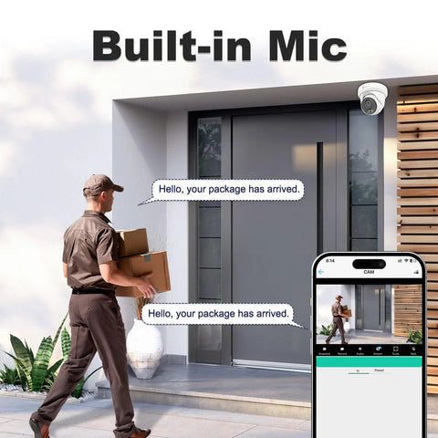 4K 16 Channel PoE Security Camera System with 16 outdoor 8MP IP cameras, built-in mic, and smart color night vision installed at front door