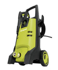 Powerful 12 Amp Electric Pressure Washer With Adjustable Spray Wand For Home Cleaning Of Driveways Patios Decks Cars Boats RVs And More A Versatile Outdoor Washing Solution, shown in green with sturdy wheels and a hose holder.