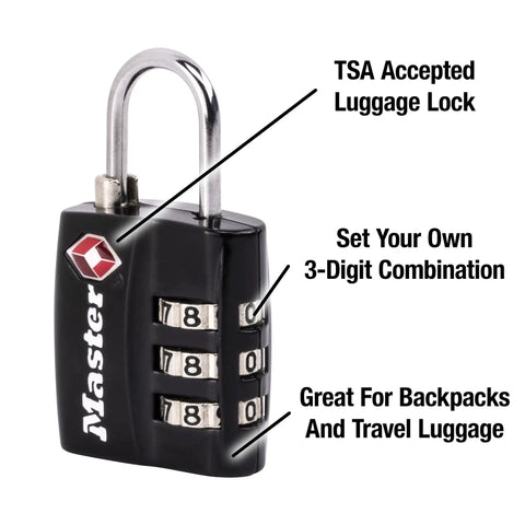 TSA Approved Luggage Lock With Wide Lock Body And Thin Steel Shackle, Resettable 3-Digit Combination, Black lock close-up