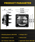 14 Inch Shutter Exhaust Fan Wall Mount With Aluminum Blades 1.65 Meters Power Cord Kit Up To 1950 CFM Beefy Pro Grade Vent Fan For Garage Greenhouse Attic Shed Workshop Black with product dimensions and specifications.