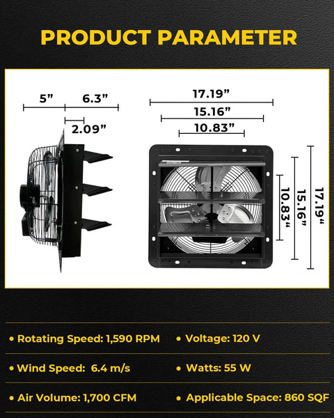 14 Inch Shutter Exhaust Fan Wall Mount With Aluminum Blades 1.65 Meters Power Cord Kit Up To 1950 CFM Beefy Pro Grade Vent Fan For Garage Greenhouse Attic Shed Workshop Black with product dimensions and specifications.