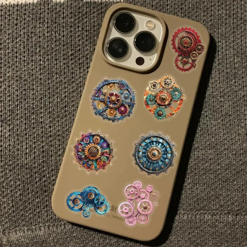 Phone case with Dope Steampunk Gear Sticker Set 50pc, featuring vintage clockwork gears, waterproof with transparent backing.