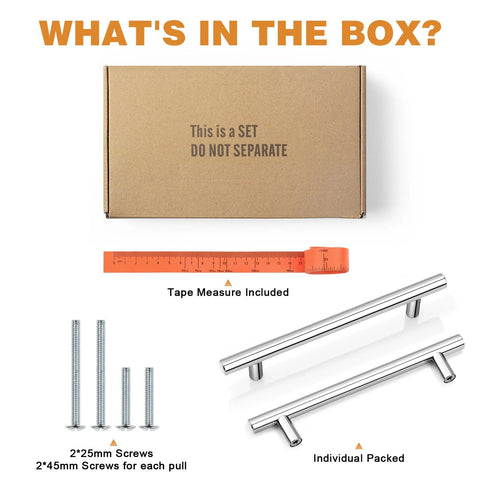 5 Pack Chrome Kitchen Cabinet Pulls Euro T Bar Handles included tape measure, screws, and individual packaging