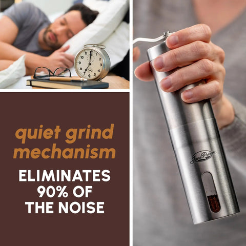 Manual Stainless Steel Coffee Grinder With 18 Adjustable Settings held next to sleeping person; promotes quiet grind mechanism.