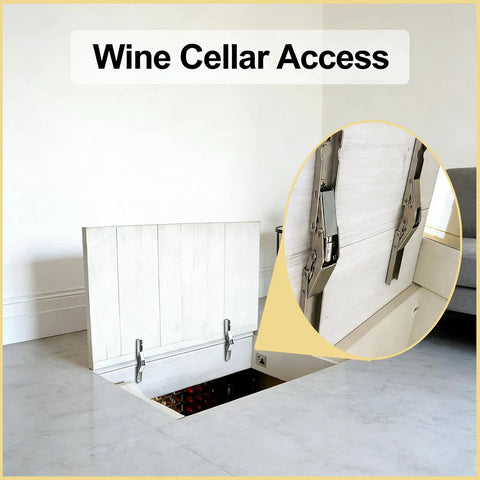 Beefy 90 Degree Folding Hinge 4 Pack Solid Drop Down Flap Door Hinges For Tables Shelves Bar Counters And Loft Hatches, shown in use for wine cellar access.