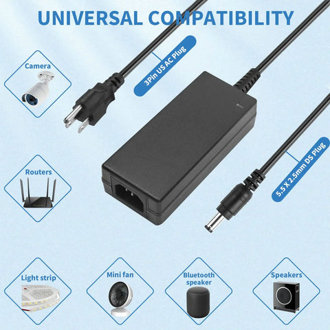 12V 5A Power Supply Adapter 60W With 100 240V AC Input To DC 12V Output For LED Strips CCTV Cameras Routers TV Boxes Webcams Speakers And More No Fuss Plug And Play Safe Stable, black adapter with 3-pin US plug and 5.5 x 2.5mm DC tip