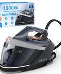 Pro Level 1800W Steam Station For Clothes With A Spiffy 1.5 Liter Pop Out Tank showing black and gray design and compact size.