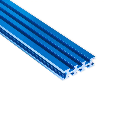36 Inch Universal T Slot Track For Woodworking, blue anodized aluminum, angled view of multi T track system for jigs.