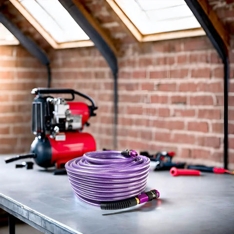 One Quarter Inch Polyurethane Air Hose Reinforced Lightweight Compressor Tubing Finish Safe And Slick Built Tough With Zero Drag For Auto Repair And Real Shop Grind Daily coiled on a workbench next to a compressor.