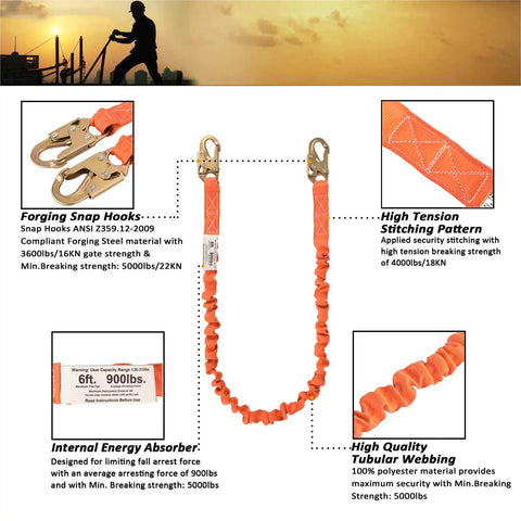 Built Tough Six Foot Safety Lanyard With Rock Solid Internal Shock Absorber And Heavy Duty Snap Hooks For No Nonsense Fall Protection On Active Job Sites
