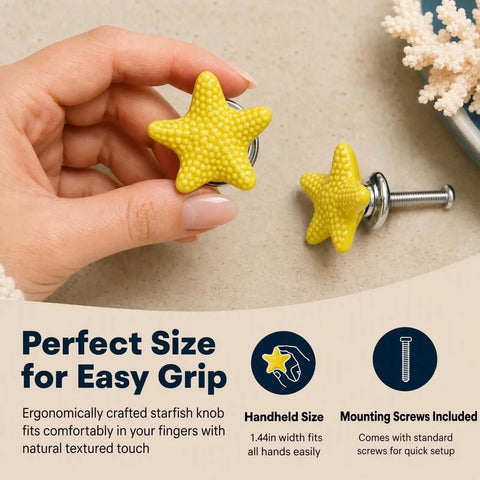 Super Legit And Totally Dope Four Piece Set Of Yellow Starfish Drawer Knobs Built With Heavy Duty Zinc Alloy And Glossy Ceramic For Quick Coastal Bedroom Vanities And Beach House Cabinet Revamps, handheld size knob in a person's hand.