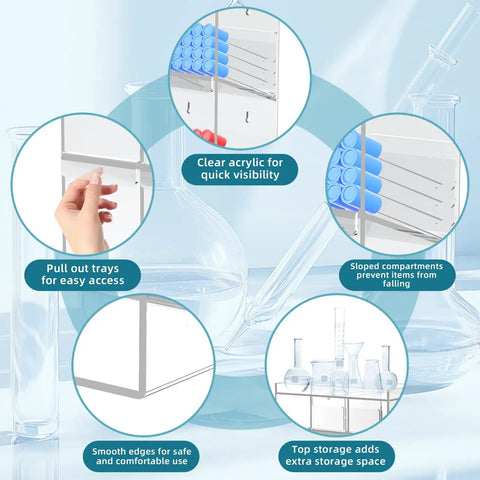 Clear Test Tube Rack With Four Compartments, Extra Bottom Storage Space And Two Pull Out Trays showcasing features and usage.