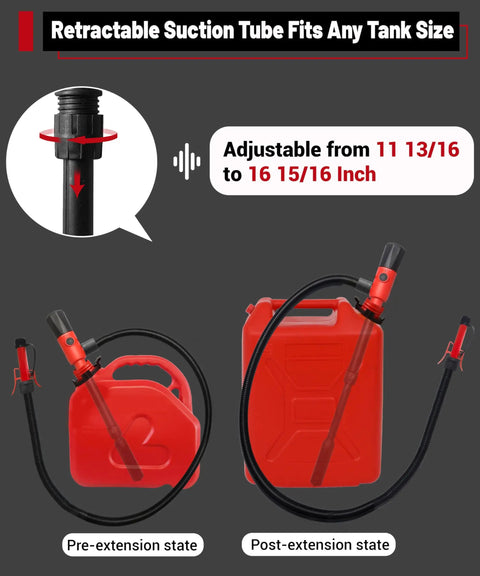 Portable Fuel Transfer Pump With Dual Power Options Battery Powered Or Usb Type C Power Delivery Auto Stop Gas Pump For 5 Gallon Gas Can Built For Home Garage Rv And Workshop Use No Spill Safety And Quick Start Convenience showing adjustable suction tube and red gas can.