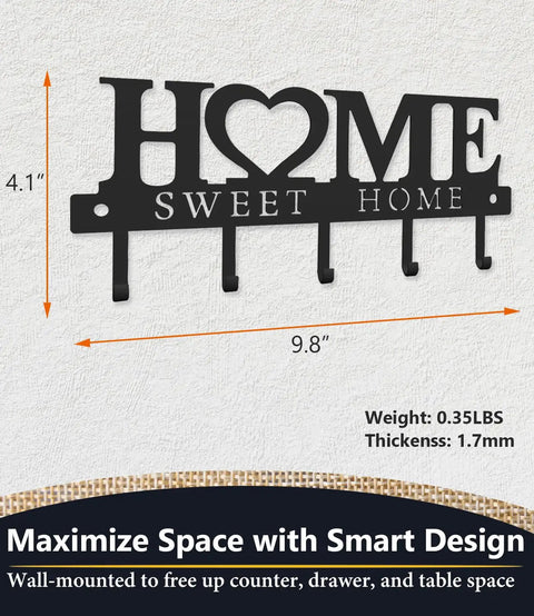 Wall Mounted Key Holder With Hooks Organizer Rack For Entryway Front Door Kitchen Hallway Garage And Mudroom Durable Black Iron Decor Stylish And Practical For Quick Key Drop And Everyday Use, features five hooks and 'Sweet Home' design.