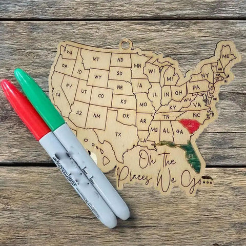 Wooden USA Map Wall Decor For Travel Buffs With All 50 State Abbreviations Engraved Ornament on rustic background with markers