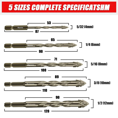 Five-piece WOYUOSN carbide masonry bit set shown in side view with measurement marks; for concrete/brick/tile
