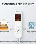Dual Probe Digital Temperature Controller For Reptile Terrarium Thermostat With Two Independent Outlets showing heating and cooling modes.