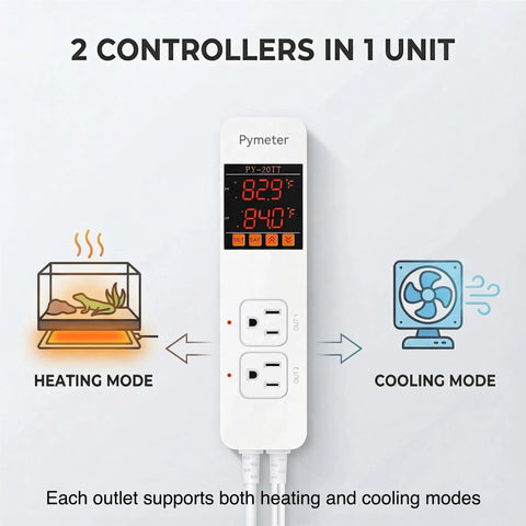 Dual Probe Digital Temperature Controller For Reptile Terrarium Thermostat With Two Independent Outlets showing heating and cooling modes.