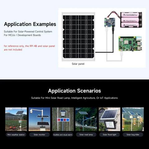 Application setup with MPPT Dope Solar Power Manager Module With Battery Holder, showcasing solar panel connection and uses.