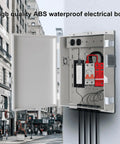 Heavy Duty Outdoor Electrical Junction Box Waterproof ABS Enclosure With Built In 15 Amp Power Outlet And Snug Hinged Lid Solid 16X12X4 Inch Shell Built Like A Tank For Backyard Power Hookups with open lid, showcasing inside components.
