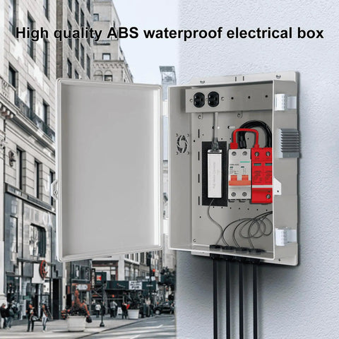 Heavy Duty Outdoor Electrical Junction Box Waterproof ABS Enclosure With Built In 15 Amp Power Outlet And Snug Hinged Lid Solid 16X12X4 Inch Shell Built Like A Tank For Backyard Power Hookups with open lid, showcasing inside components.