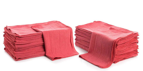 Two stacks of red cotton shop towels 145 pack commercial grade 14 by 12 inches reusable cleaning rags for auto shop and workshop