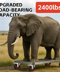 An elephant standing on a platform with Beefy 5 Inch Caster Wheels With Dual Locking And Rubber Tires For Workbenches Carts Dollies And Cabinets 600 Lbs Per Caster, 4 Pack, Heavy Duty, Smooth Roll, Black demonstrating load capacity.
