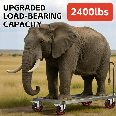 An elephant standing on a platform with Beefy 5 Inch Caster Wheels With Dual Locking And Rubber Tires For Workbenches Carts Dollies And Cabinets 600 Lbs Per Caster, 4 Pack, Heavy Duty, Smooth Roll, Black demonstrating load capacity.