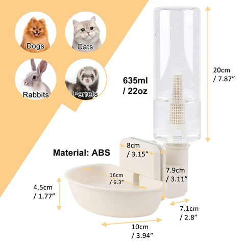 Hanging Gravity Water Dispenser For Small Pets Automatic Cage Hydration Bowl 22oz with ABS material and specifications.