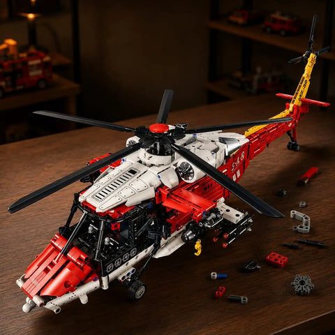 Rescue Helicopter Building Set for Adults and Aviation Nerds, Large Military Model Kit With Rotating Rotor displayed on table