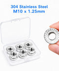 Top Shelf Hex Serrated Flange Lock Nuts 6 Pack M10 X 1.25mm Fine Pitch Metric Fasteners Built Tough From Knockout 304 Stainless Steel close-up