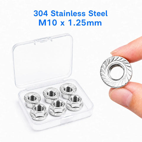 Top Shelf Hex Serrated Flange Lock Nuts 6 Pack M10 X 1.25mm Fine Pitch Metric Fasteners Built Tough From Knockout 304 Stainless Steel close-up