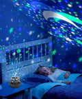 Kids Night Light With Starry Projector Lamp And Universe Glow, illuminating bedroom with starry sky projection during sleep.