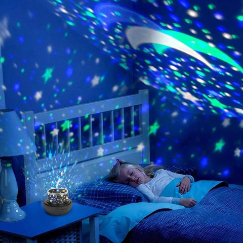 Kids Night Light With Starry Projector Lamp And Universe Glow, illuminating bedroom with starry sky projection during sleep.