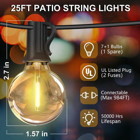 Close-up of 25ft patio string light bulb with UL listed plug featuring connectable design and long lifespan against colorful bokeh.