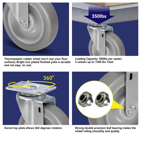 Heavy Hitter Grade Rubber Caster Wheels 5 Inch Industrial Casters Set Of 4 featuring swivel top plate with 360 degree rotation.