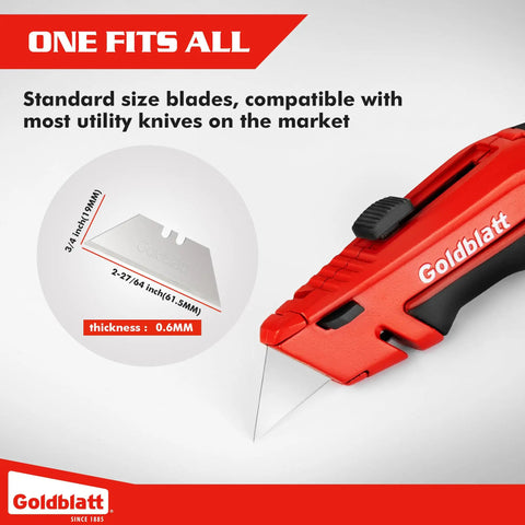 Premium Tempered SK2M Utility Blades 100 Pack With Dual Dispenser showing blade dimensions with thickness of 0.6 mm