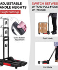Heavy Duty Folding Hand Truck And Portable Utility Cart With 220 Pound Capacity showcasing 3 adjustable heights and push-pull modes.